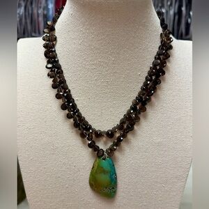 Elegant Double-Strand Smoky Topaz Necklace with Turquoise Pendant
